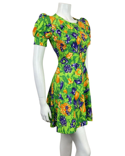 VINTAGE 60s 70s GREEN PURPLE ORANGE FLORAL LEAFY PUFF SLEEVE MOD SUMMER DRESS 8