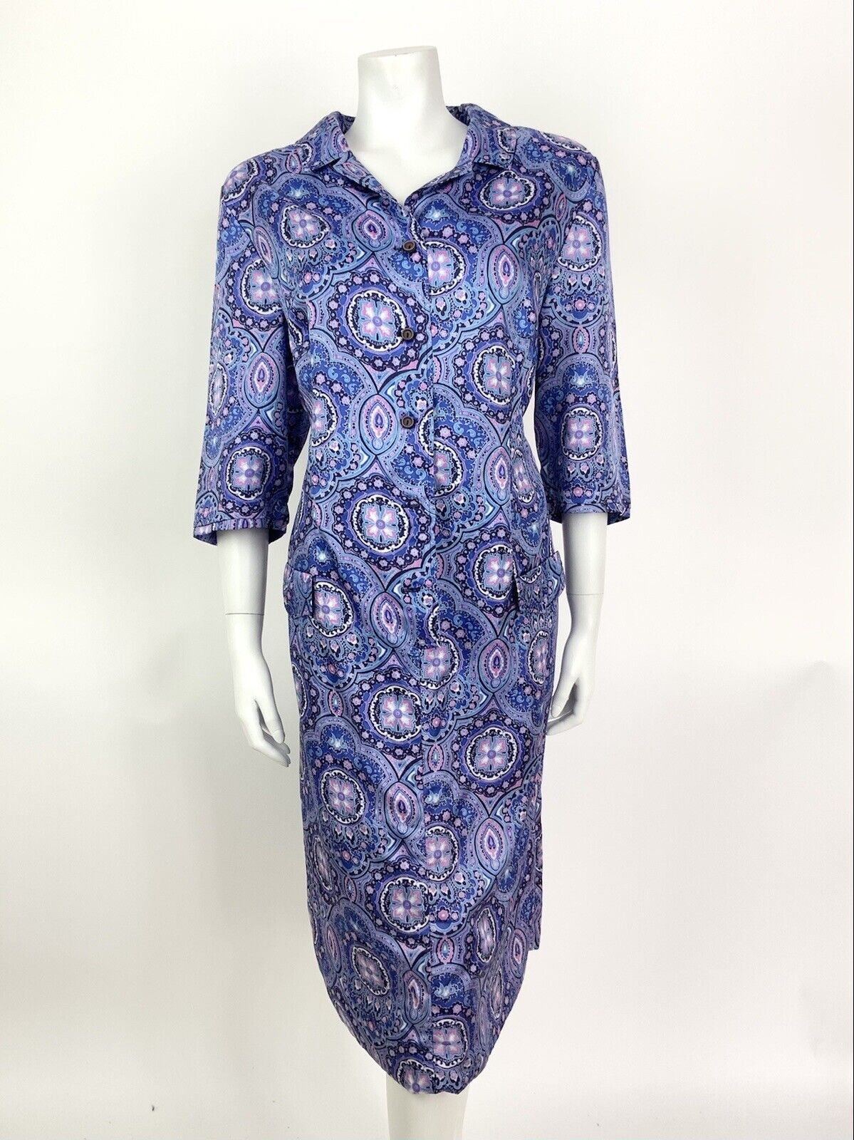 VINTAGE 60s 70s PURPLE BLUE PINK ARABESQUE FLORAL PSYCHEDELIC SHIRT DRESS 16 18