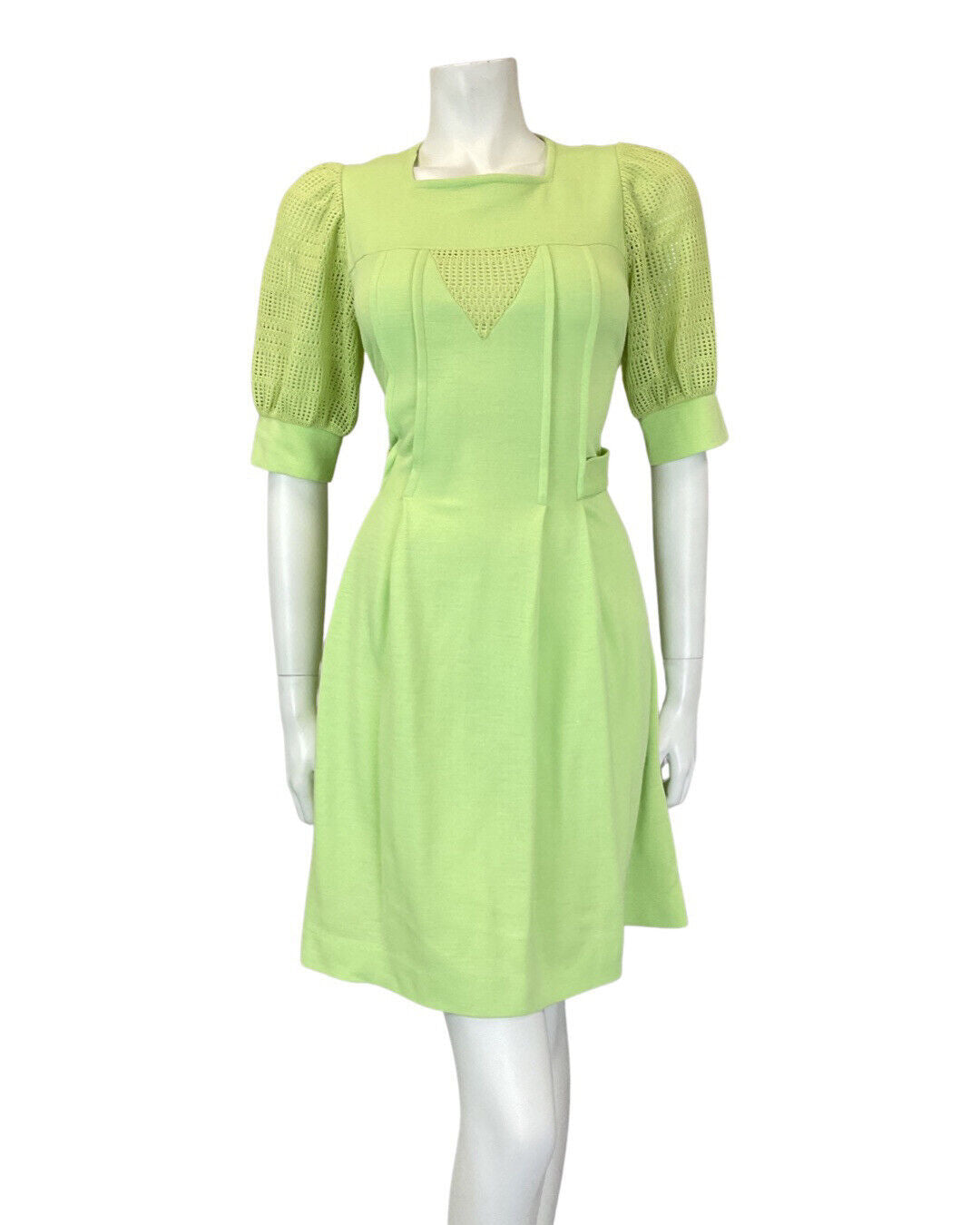 VINTAGE 60s 70s LIME GREEN CROCHETED KNITTED MOD PUFF SLEEVE SHORT DRESS 8 10