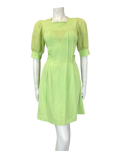 VINTAGE 60s 70s LIME GREEN CROCHETED KNITTED MOD PUFF SLEEVE SHORT DRESS 8 10