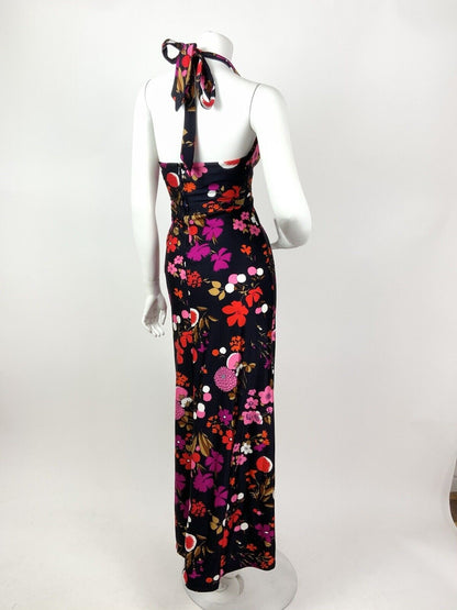 VTG 60s 70s PSYCHEDELIC BLUE RED PINK BROWN FLORAL HALTER MAXI SUMMER DRESS 8