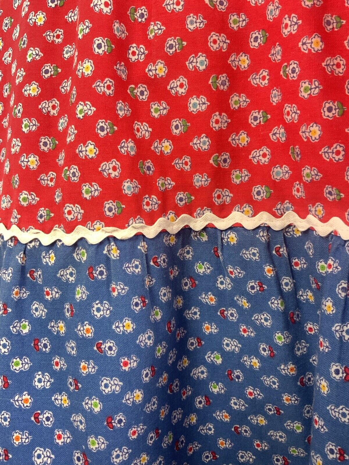 VTG 60s 70s BLUE RED WHITE FLORAL DITSY DAISY RIC RAC COTTAGE BOHO DRESS 14 16