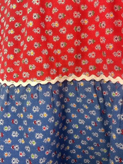 VTG 60s 70s BLUE RED WHITE FLORAL DITSY DAISY RIC RAC COTTAGE BOHO DRESS 14 16