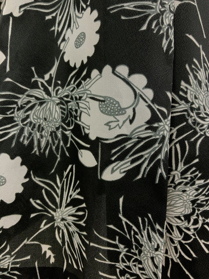 VINTAGE 60s 70s BLACK GREY WHITE FLORAL BOW SHAWL SLEEVELESS DRESS 10 12