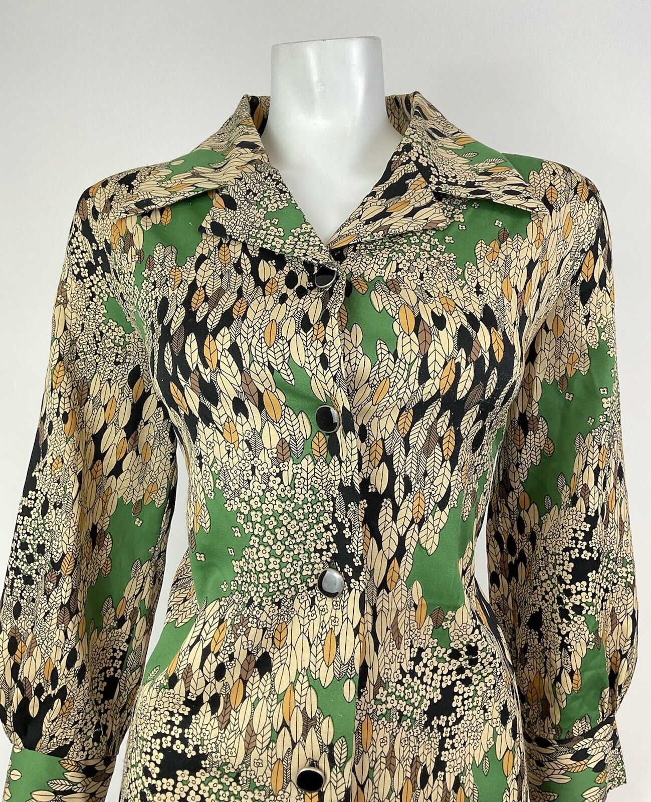 VTG 60s 70s CREAM GREEN BLACK FLORAL LEAFY PSYCHEDELIC DAGGER SHIRT DRESS 16 18