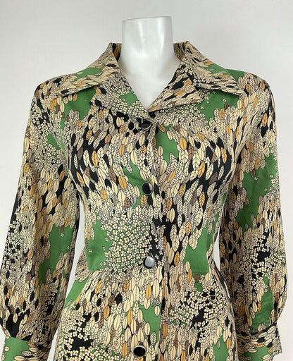 VTG 60s 70s CREAM GREEN BLACK FLORAL LEAFY PSYCHEDELIC DAGGER SHIRT DRESS 16 18