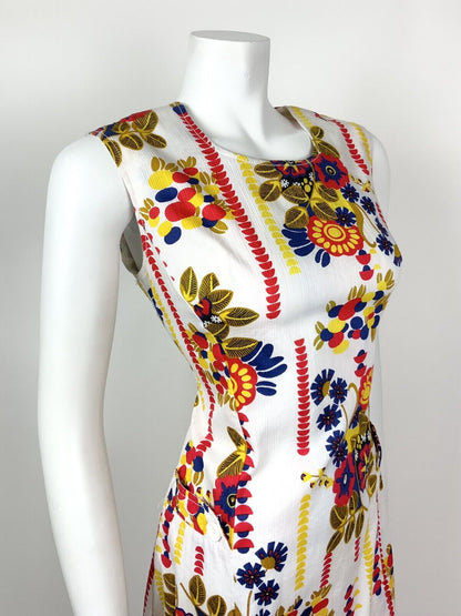 VINTAGE 60s 70s WHITE RED BLUE YELLOW GOLD FLORAL GEOMETRIC MOD DRESS 10 12