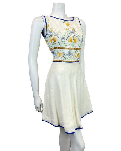 VINTAGE 60s 70s CREAM BLUE YELLOW FLORAL EMBROIDERED SLEEVELESS DRESS 10