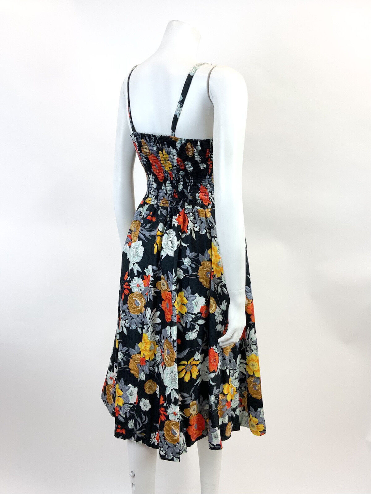 VTG 60s 70s BLACK GREY RED YELLOW FLORAL STRAPPY SUMMER SUN-DRESS 8 10