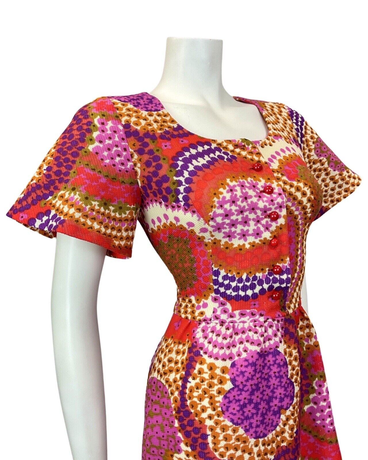 VTG 60s 70s PINK RED PURPLE PSYCHEDELIC SPIROGRAPH FLORAL BELL SLEEVE DRESS 8 10