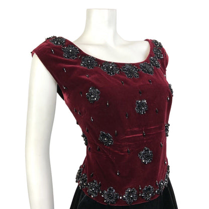 VINTAGE 60s 70s WINE RED BLACK GEM BEADED FLORAL DECO GLAM SLEEVELESS TOP 12