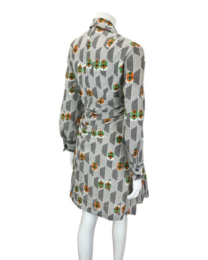 VINTAGE 60s 70s WHITE BLACK GREEN GEOMETRIC DAGGER COLLAR SHIRT DRESS 12 14