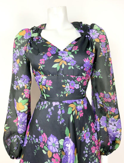 VINTAGE 60s 70s BLACK PURPLE PINK GREEN FLORAL SHEER FLOATY SWEETHEART DRESS 6 8