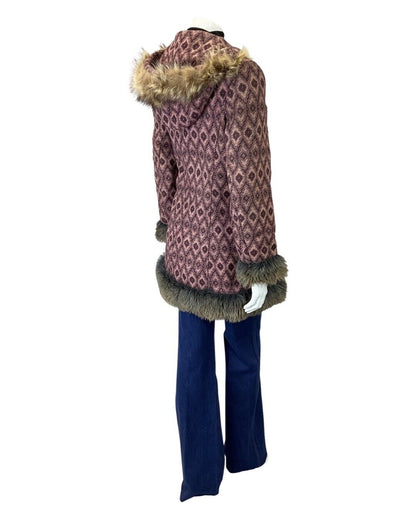 VINTAGE 60s 70s PURPLE PINK IKAT GEOMETRIC TOGGLE HOODED MOD WOOL COAT 14 16