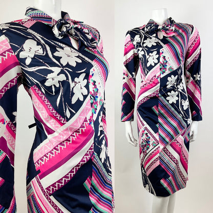VINTAGE 60s 70s BLUE PINK WHITE PSYCHEDELIC STRIPED FLORAL BOW SHIRT DRESS 14 16