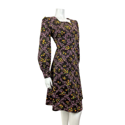 VINTAGE 60s 70s BROWN PURPLE GREEN FLORAL DITSY CHECKED EMPIRE LINE MOD DRESS 16