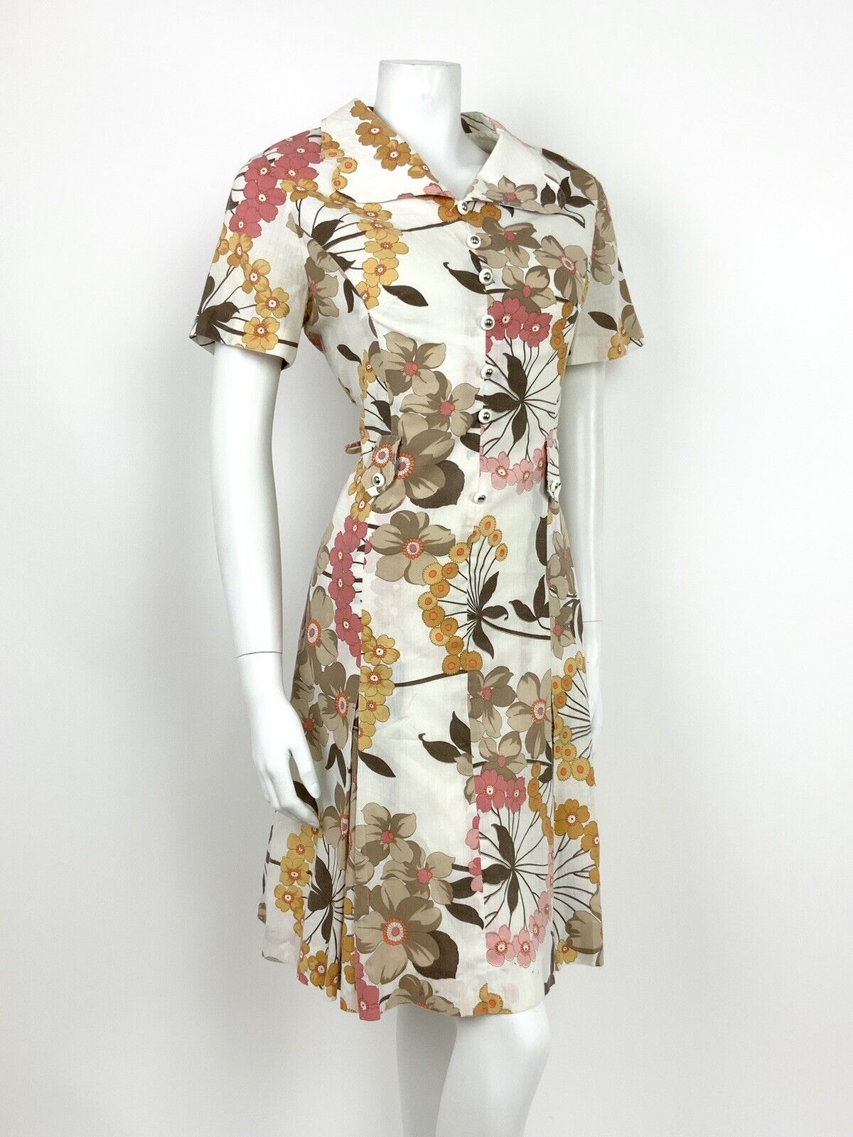 VINTAGE 60s 70s WHITE BROWN YELLOW PINK FLORAL CLOVER COLLAR DRESS 12 14