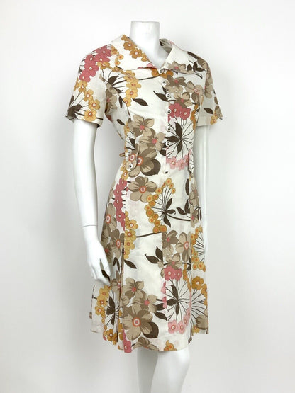 VINTAGE 60s 70s WHITE BROWN YELLOW PINK FLORAL CLOVER COLLAR DRESS 12 14