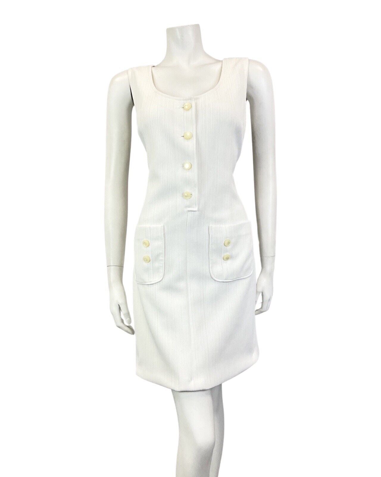 VINTAGE 60s 70s WHITE RIBBED MOD PINAFORE SLEEVELESS DRESS 12