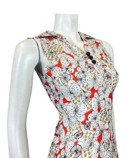 VINTAGE 60s 70s RED WHITE BLACK FLORAL PSYCH DROP-WAIST DAGGER SHIRT DRESS 8