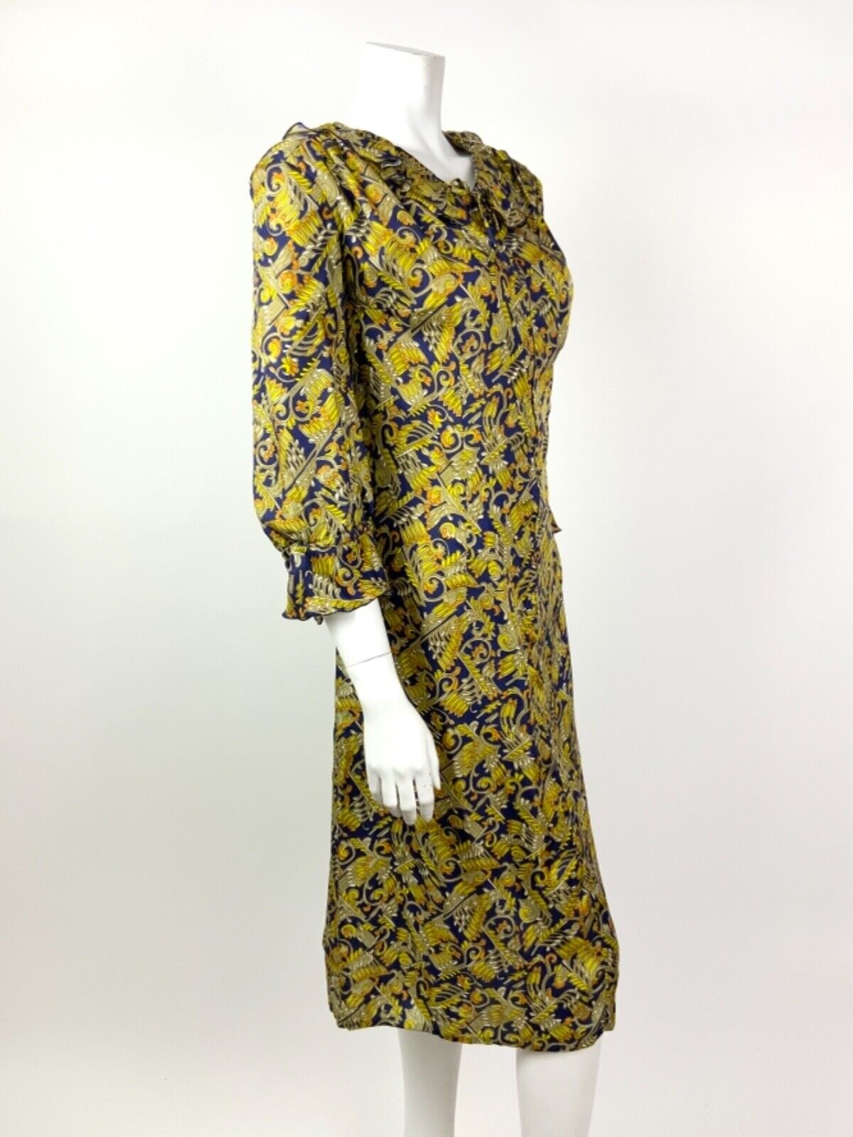 VINTAGE 60s 70s BLUE BEIGE YELLOW ORANGE SWIRL PSYCHEDELIC RUFFLE DRESS 16