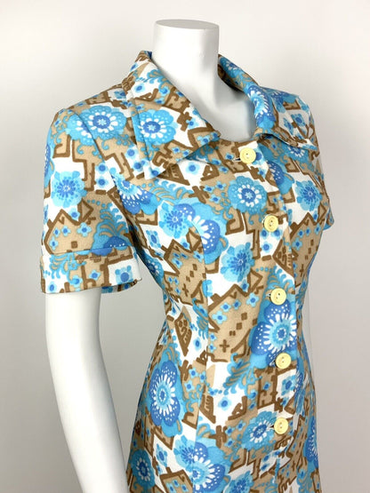 VINTAGE 60s 70s BLUE BEIGE WHITE FLORAL GEOMETRIC PSYCHEDELIC SHIRT DRESS 16 18
