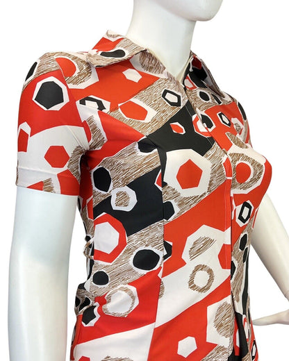 VTG 60s 70s RED WHITE BROWN BLACK GEOMETRIC ZIP-UP MOD SPOON SHIRT DRESS 14 16