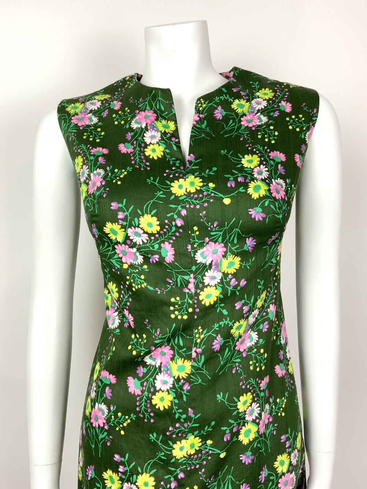VINTAGE 60s 70s PINE GREEN PINK YELLOW PURPLE FLORAL DOTTY SLEEVELESS DRESS 12