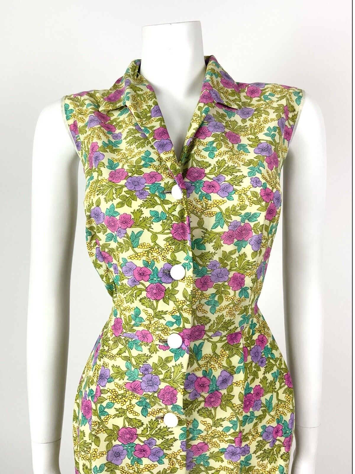 VINTAGE 60s 70s GREEN PINK PURPLE YELLOW FLORAL SLEEVELESS SHIRT DRESS 14 16
