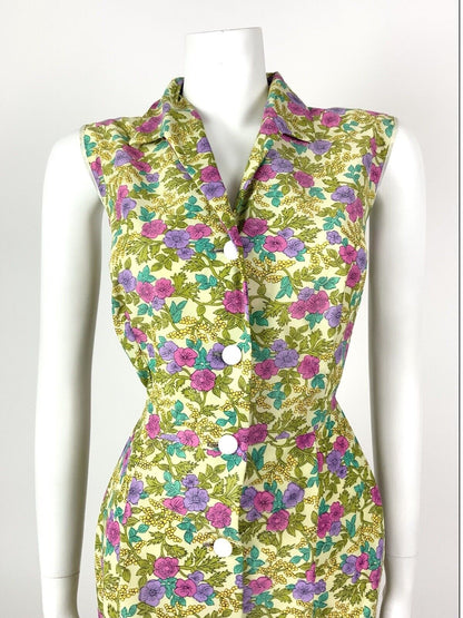 VINTAGE 60s 70s GREEN PINK PURPLE YELLOW FLORAL SLEEVELESS SHIRT DRESS 14 16