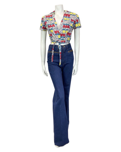 VINTAGE 60s 70s WHITE GREY RED YELLOW TULIP FLORAL MOD WRAP CROPPED TOP 8