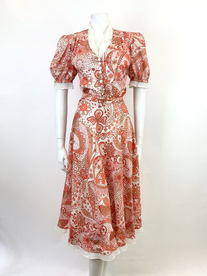 VTG 60s 70s RED WHITE ORANGE PSYCHEDELIC FLORAL DAISY RUFFLE SWING DRESS 14 16