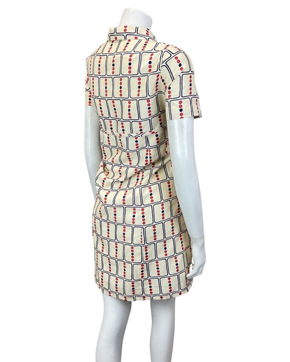 VINTAGE 60s 70s CREAM BLUE RED GEOMETRIC DOTTY DAGGER COLLAR MOD SHIRT DRESS 12