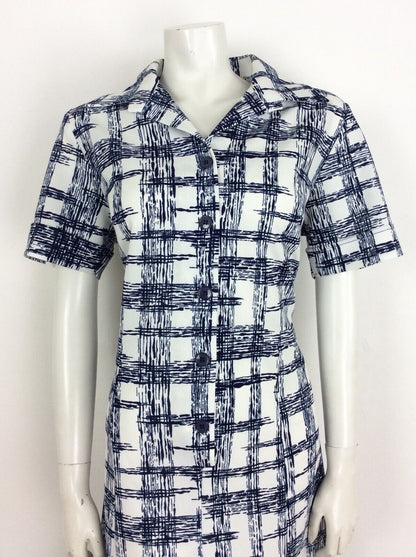 VINTAGE 60s 70s GEOMETRIC LINE PRINT TEA SHIRT DRESS WHITE BLUE 14 16