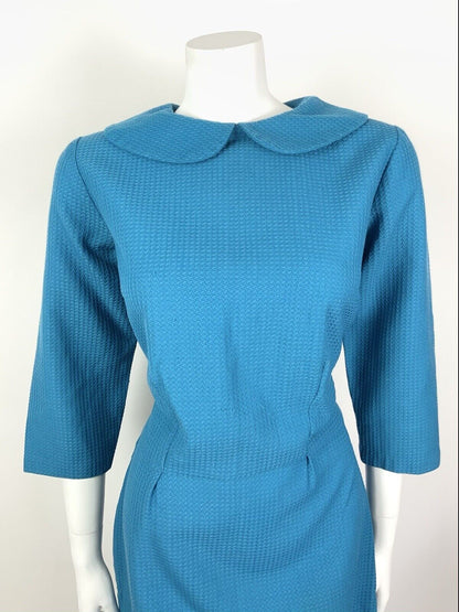 VINTAGE 60s 70s BRIGHT BLUE PETER PAN COLLAR WAFFLE MOD DRESS 12