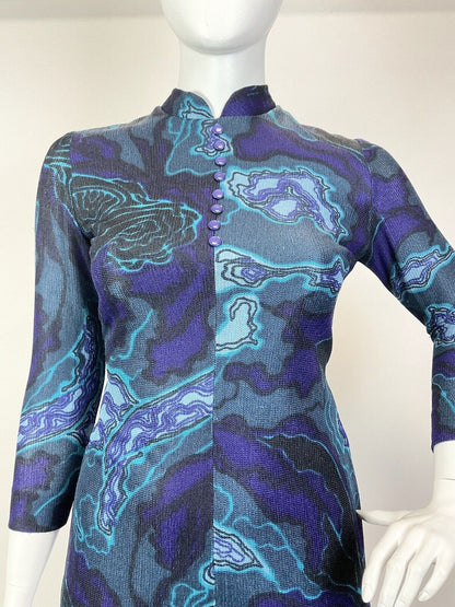 VINTAGE 60s 70s BLUE PURPLE BLACK PSYCHEDELIC GEODE MOD MANDARIN COLLAR DRESS 16