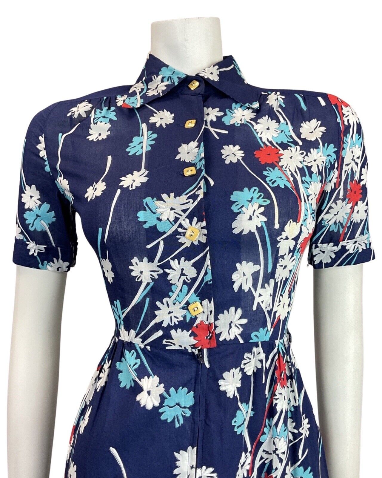 VINTAGE 60s 70s BLUE WHITE RED FLORAL MOD DAGGER COLLAR SHIRT DRESS 8
