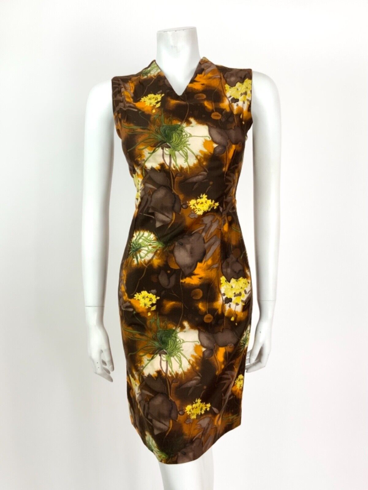 VINTAGE 60s 70s BROWN ORANGE YELLOW GREEN FLORAL PSYCHEDELIC SLEEVELESS DRESS 8