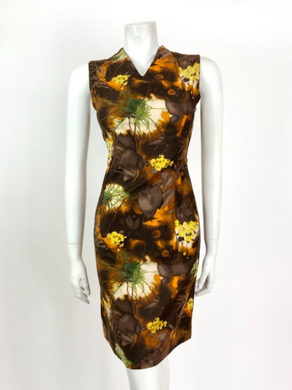 VINTAGE 60s 70s BROWN ORANGE YELLOW GREEN FLORAL PSYCHEDELIC SLEEVELESS DRESS 8