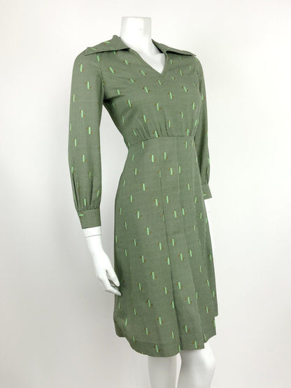 VINTAGE 60s 70s GREEN WHITE BROWN HOUNDSTOOTH GEOMETRIC WING COLLAR DRESS 10