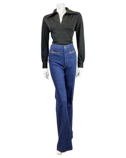 VINTAGE 60s 70s JET BLACK DAGGER COLLAR BLOUSE TOP 14 16