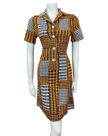 VINTAGE 60s STYLE 90s ORANGE BLUE WHITE GEOMETRIC DOGTOOTH DAGGER SHIRT DRESS 12