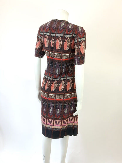 VINTAGE 60s 70s BLACK RED PINK CHECKED FLORAL LEAFY PAISLEY SWING DRESS 14 16