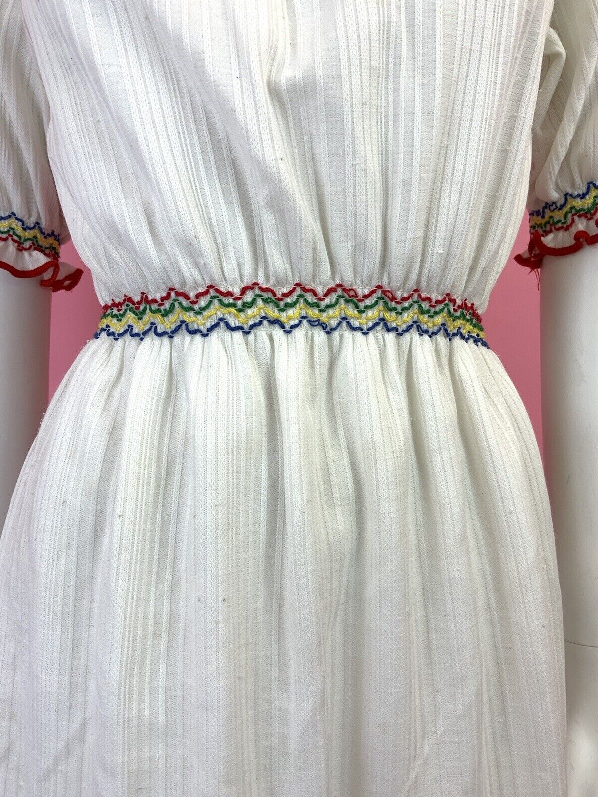 VINTAGE 60s 70s WHITE RED BLUE GREEN RUFFLE PRAIRIE BOHO DRESS 8 10