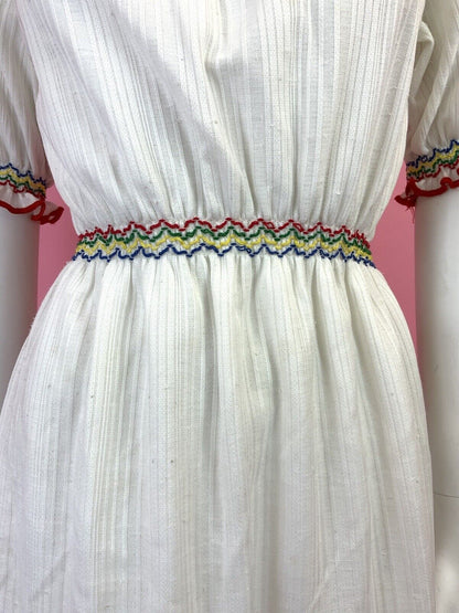 VINTAGE 60s 70s WHITE RED BLUE GREEN RUFFLE PRAIRIE BOHO DRESS 8 10