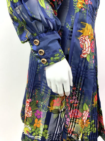 VTG 60s 70s BLUE PINK YELLOW GREEN FLORAL PLAID PUSSYBOW SHEER SHIRT DRESS 14 16