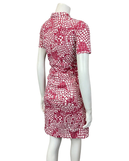 VINTAGE 60s 70s PINK WHITE PSYCHEDELIC GEOMETRIC MOD SHORT SHIRT DRESS 10 12