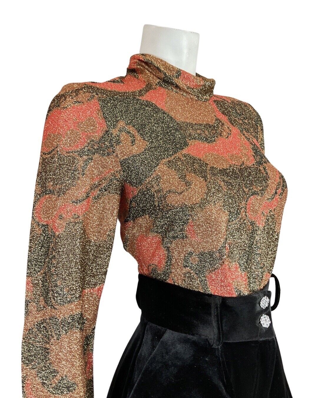 VINTAGE 60s 70s BROWN ORANGE GOLD PSYCHEDELIC TURTLENECK DISCO LUREX BLOUSE 12