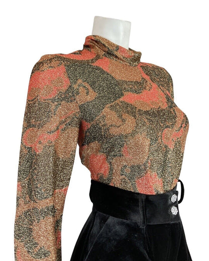 VINTAGE 60s 70s BROWN ORANGE GOLD PSYCHEDELIC TURTLENECK DISCO LUREX BLOUSE 12