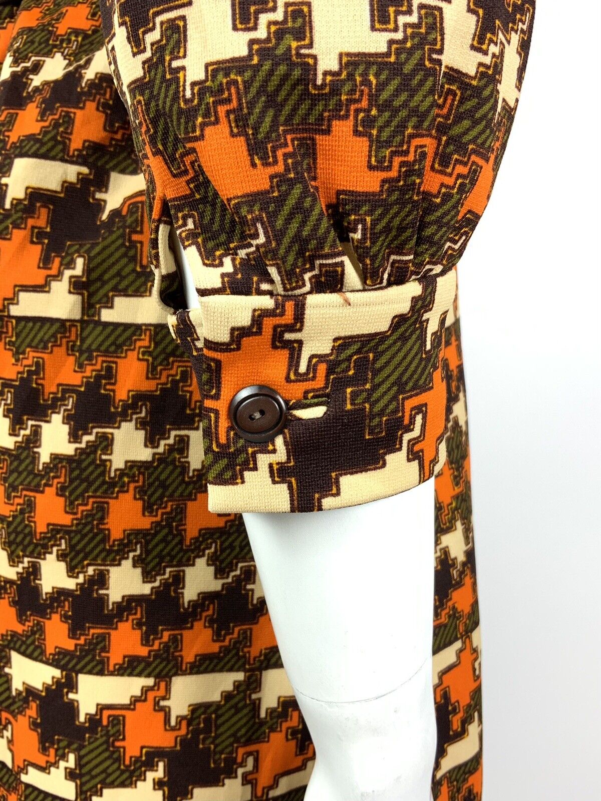 VINTAGE 60s 70s ORANGE BROWN GREEN CREAM GEOMETRIC HOUNDSTOOTH SHIRT DRESS 12 14